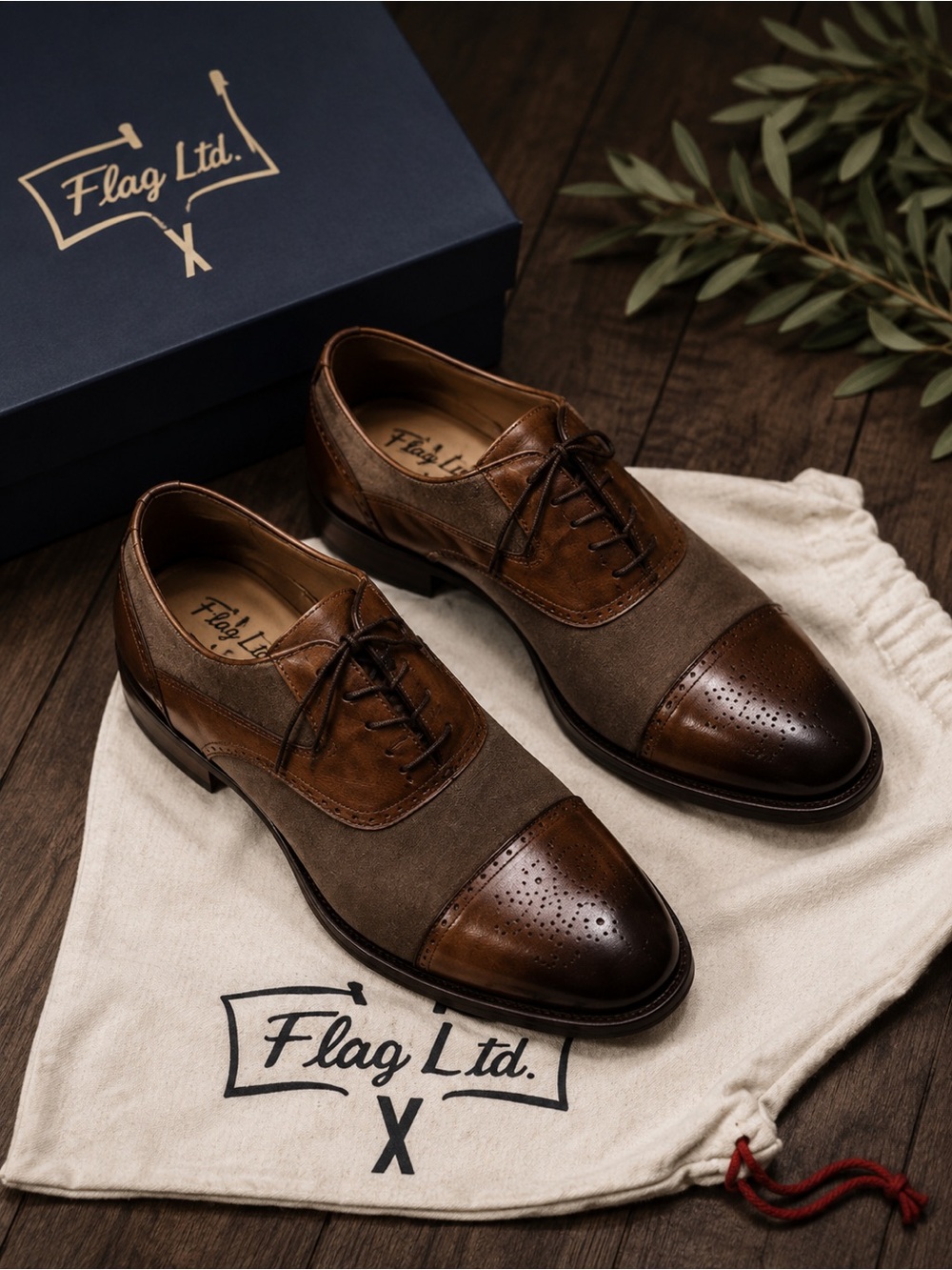 Flag Ltd Mens 9.5 Brown Leather Oxford Cap Toe Mixed Material Dress Shoes Luxury